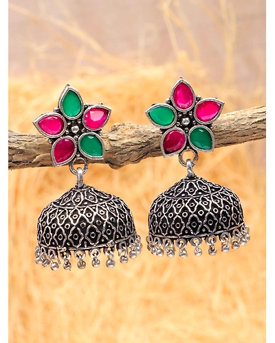 Meher Indian Oxidised Silver Jhumki Earrings-3