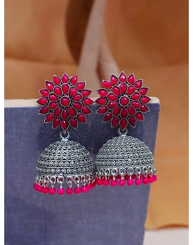 Oxidised Silver Jhumka Earrings for Women - Royal Pink Floral Design