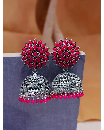 Oxidised Silver Jhumka Earrings for Women - Royal Pink Floral Design-12668289