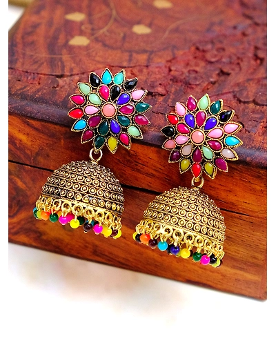 Oxidised Silver Jhumka Earrings for Women - Royal Pink Floral Design-1