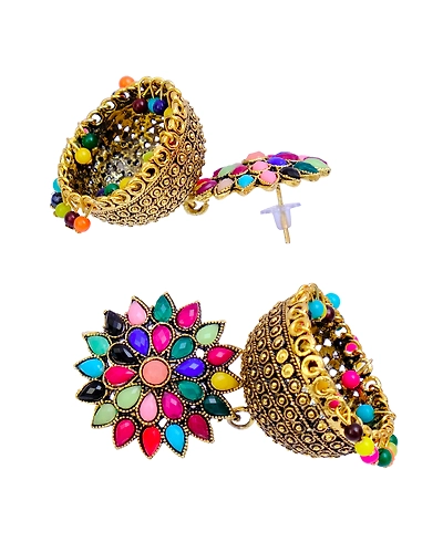 Oxidised Silver Jhumka Earrings for Women - Royal Pink Floral Design-2