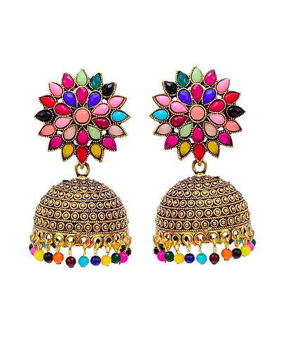 Oxidised Silver Jhumka Earrings for Women - Royal Pink Floral Design-3