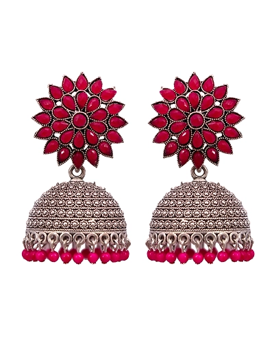 Oxidised Silver Jhumka Earrings for Women - Royal Pink Floral Design-4