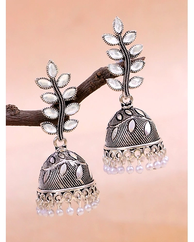 Oxidised Silver Fashionable Leaf Design Silver Oxidised Earrings for Women-12668285