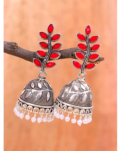 Oxidised Silver Fashionable Leaf Design Silver Oxidised Earrings for Women-1