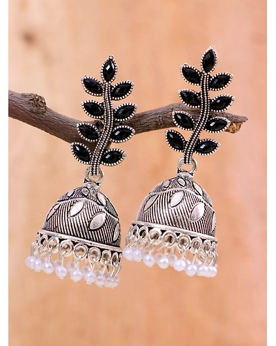 Oxidised Silver Fashionable Leaf Design Silver Oxidised Earrings for Women-2