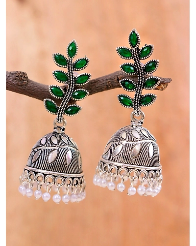 Oxidised Silver Fashionable Leaf Design Silver Oxidised Earrings for Women-3