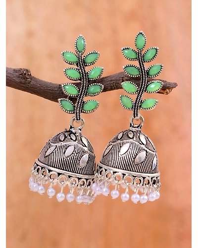 Oxidised Silver Fashionable Leaf Design Silver Oxidised Earrings for Women-4