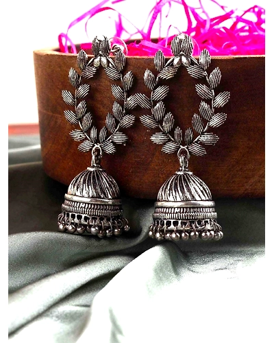 Beautiful Oxidised Silver Leaf Jhumka Earrings for Womens Festive Look-2