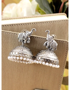 Elephant Whispers Oxidised Silver Boho Jhumkas for Statement Looks