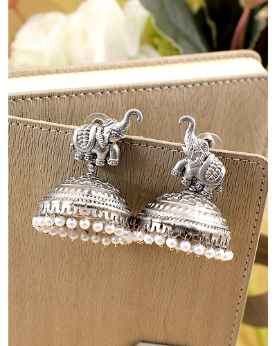Elephant Whispers Oxidised Silver Boho Jhumkas for Statement Looks-12668267