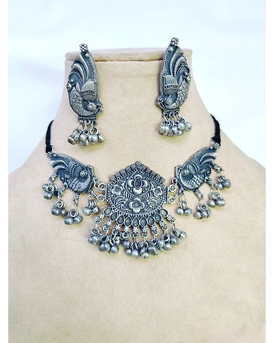 Oxidised Silver Antique Choker Set for Boho Fashion-2