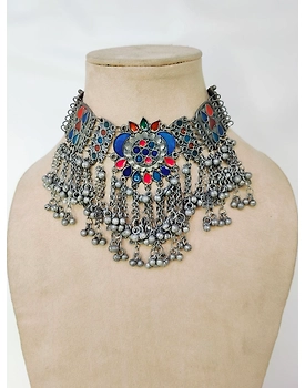 Exquisite Afghan Style Boho Oxidised Silver Choker Necklace for Women & Girls