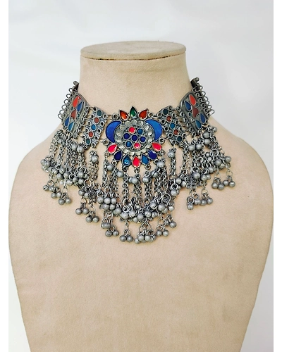 Exquisite Afghan Style Boho Oxidised Silver Choker Necklace for Women &amp; Girls-12668257