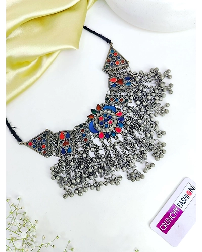 Exquisite Afghan Style Boho Oxidised Silver Choker Necklace for Women &amp; Girls-1