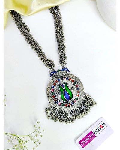 Boho Chic Oxidised Silver Long Statement Necklace Set for Women &amp; Girls-1