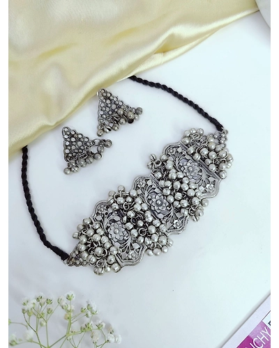 Boho Chic Oxidised Silver Ghoongroo Choker Jewelry Set for Women &amp; Girls-2