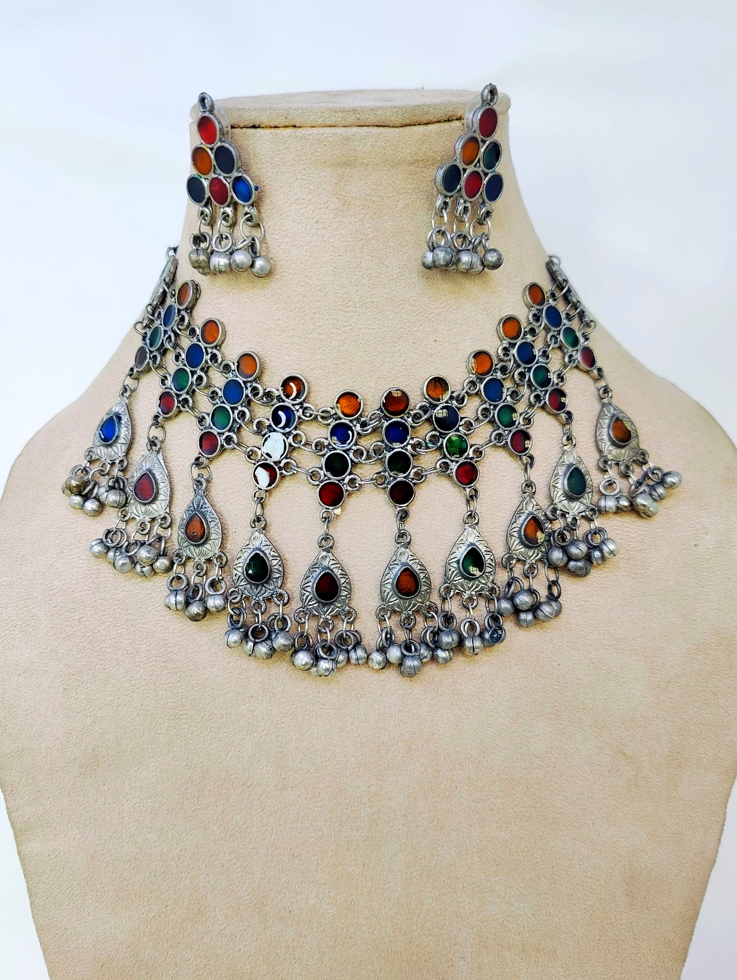 gonasika boho glam oxidised silver meenakari work choker necklace set