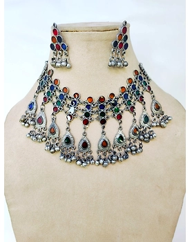 Boho Glam Oxidised Silver Meenakari Work Choker Necklace Set
