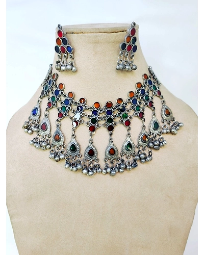Boho Glam Oxidised Silver Meenakari Work Choker Necklace Set-12668251