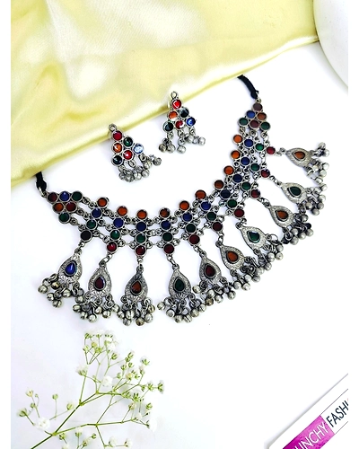 Boho Glam Oxidised Silver Meenakari Work Choker Necklace Set-1