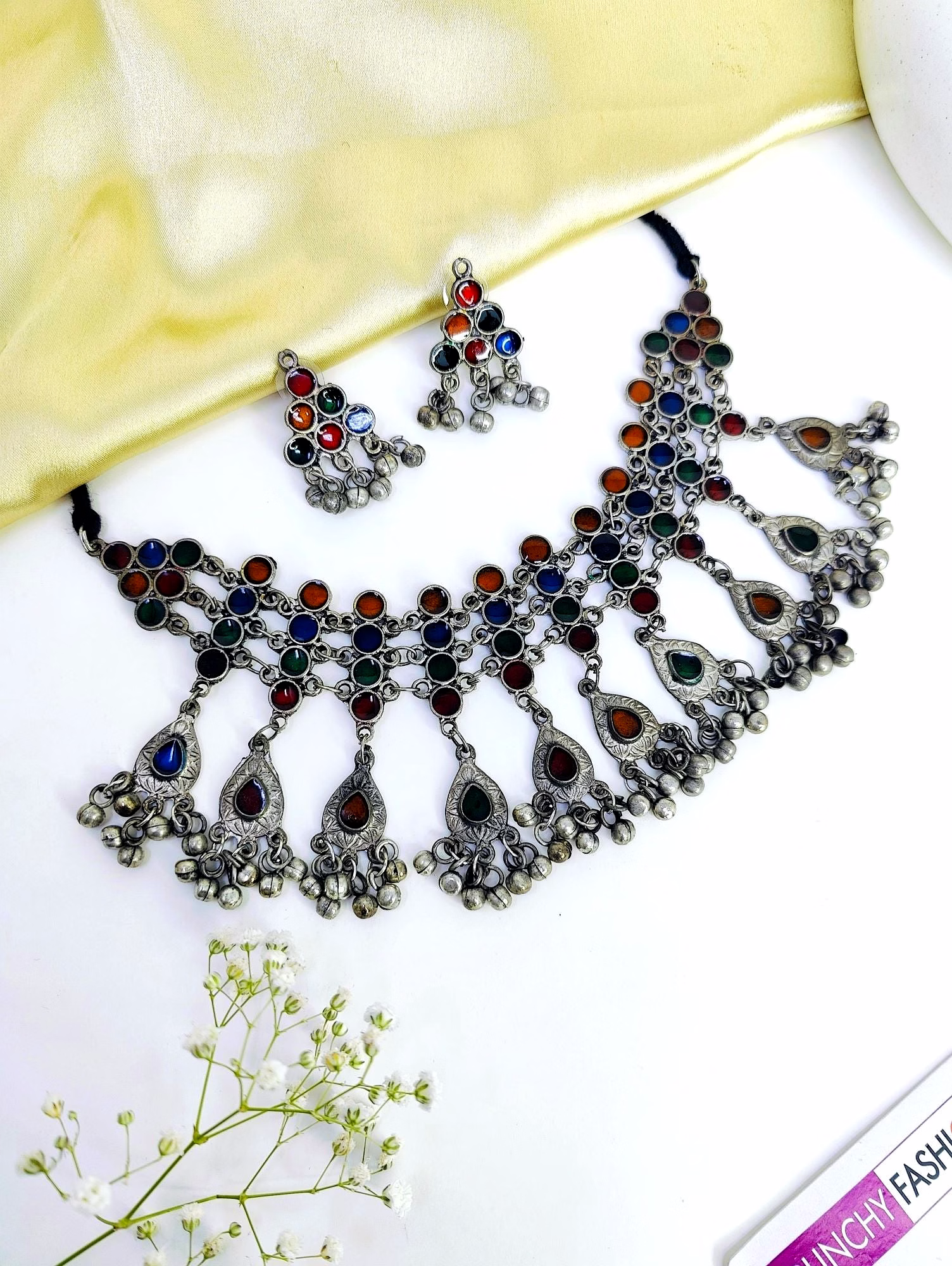 Boho Glam Oxidised Silver Meenakari Work Choker Necklace Set image 3