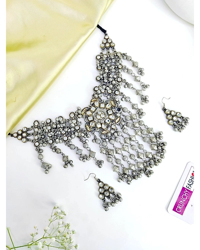 Boho Oxidised Silver Afgan Choker Jewellery Set for women Girls-1