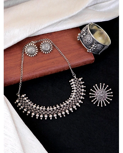 Oxidised Silver Festival Jewellery Set for Women-12668245