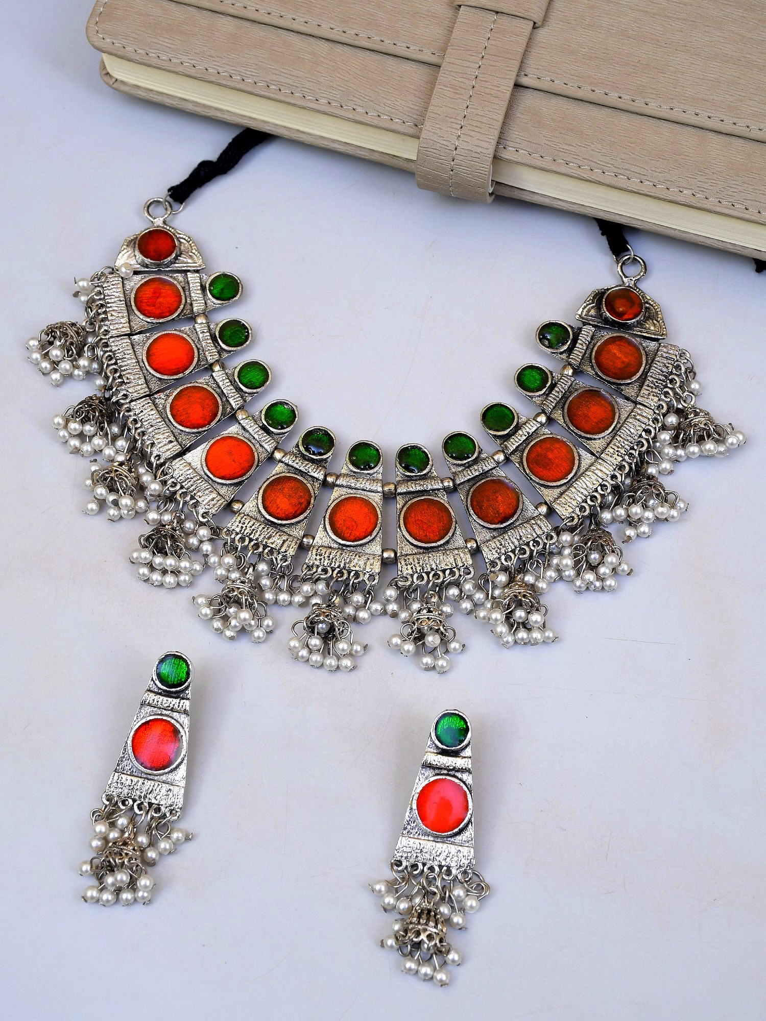 gonasika huma oxidised silver jewellry set-tribal meenakari work choker necklace set for women