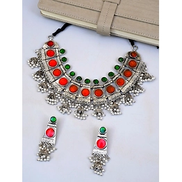 Gonasika Huma Oxidised Silver Jewellry Set-Tribal Meenakari Work Choker Necklace Set for Women