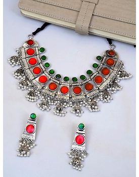Huma Oxidised Silver Jewellry Set-Tribal Meenakari Work Choker Necklace Set for Women