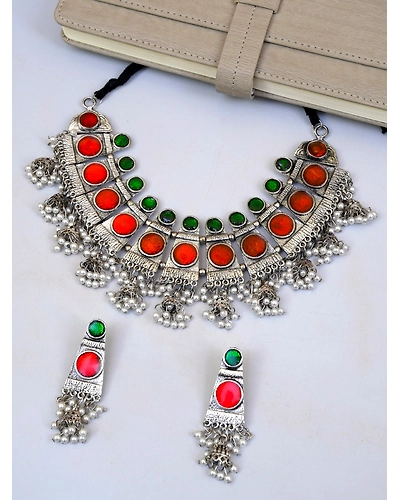Huma Oxidised Silver Jewellry Set-Tribal Meenakari Work Choker Necklace Set for Women-12668243