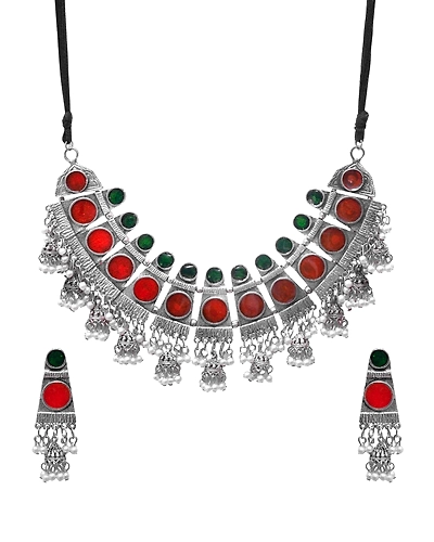 Huma Oxidised Silver Jewellry Set-Tribal Meenakari Work Choker Necklace Set for Women-1