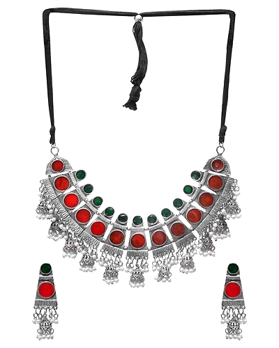 Huma Oxidised Silver Jewellry Set-Tribal Meenakari Work Choker Necklace Set for Women-2