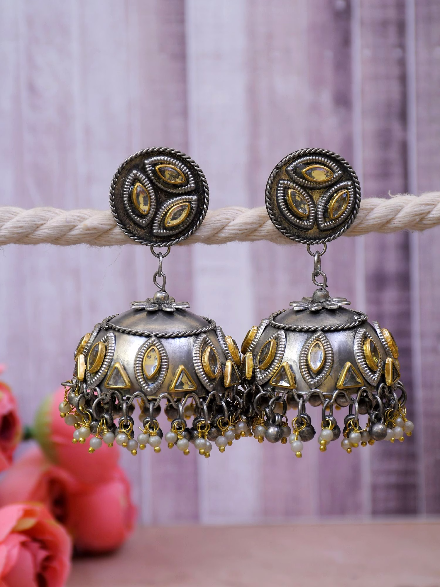 gonasika contemporary oxidised silver jhumka earrings for women