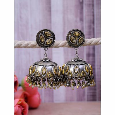 gonasika embellished flower oxidised silver necklace with stud earrings
