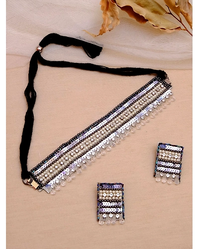 Handmade Oxidised Silver White Choker Necklace and Earrings Jewellery Set for Party Wear-12668825