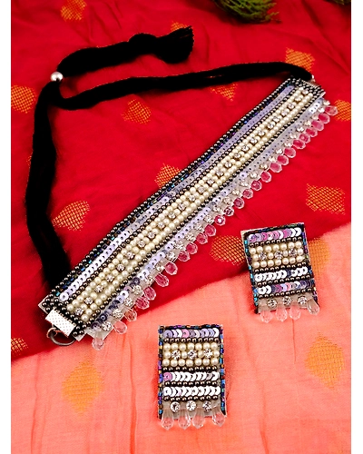 Handmade Oxidised Silver White Choker Necklace and Earrings Jewellery Set for Party Wear-4