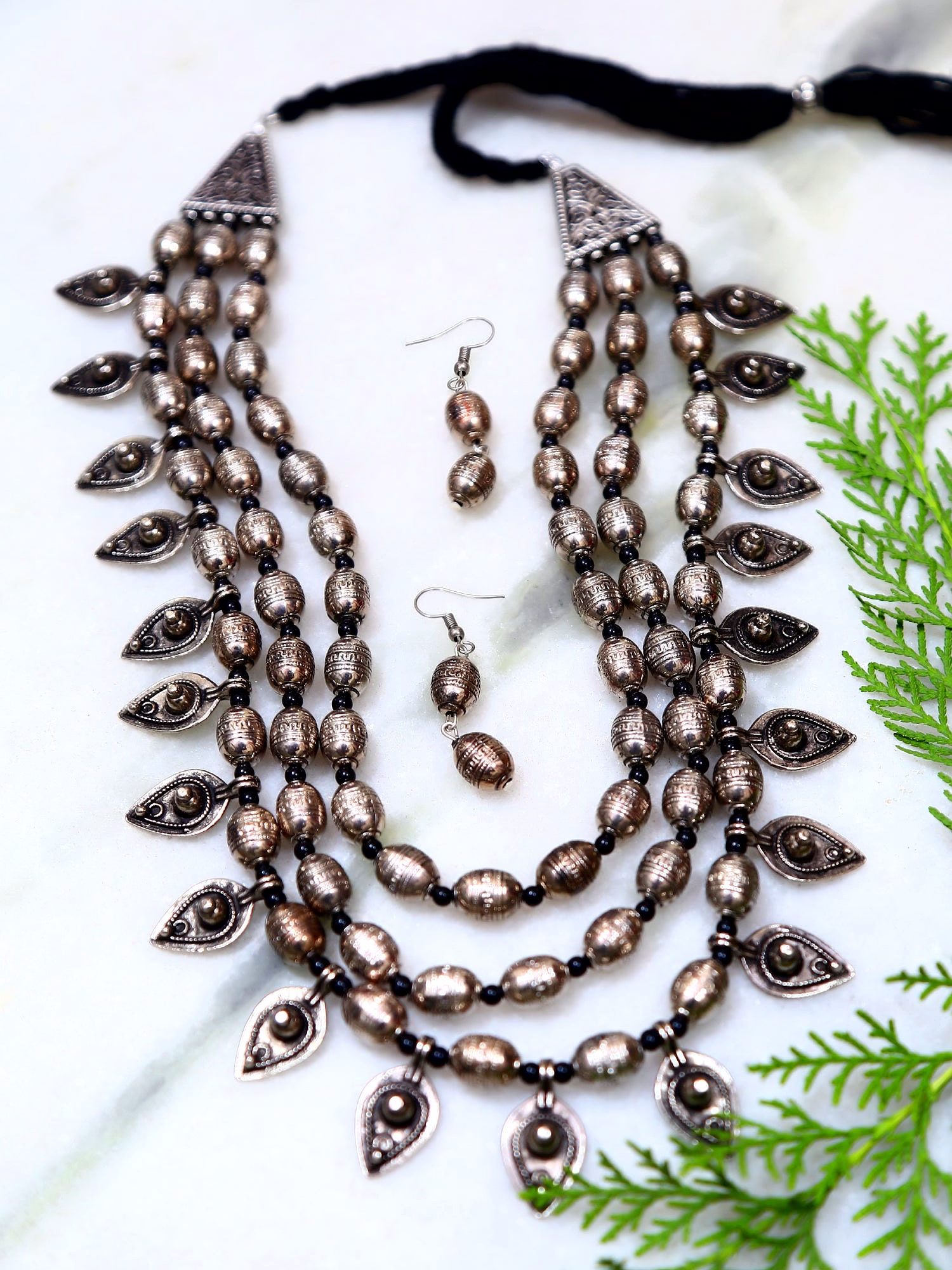 gonasika oxidised silver multi layer necklace and earrings set for women