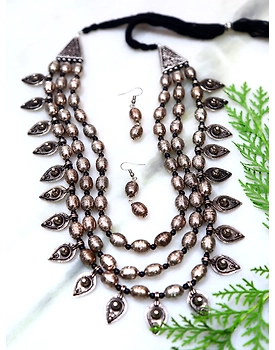 Oxidised Silver Multi Layer Necklace and Earrings Set for Women