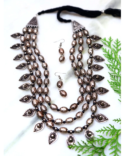 Oxidised Silver Multi Layer Necklace and Earrings Set for Women-12668823