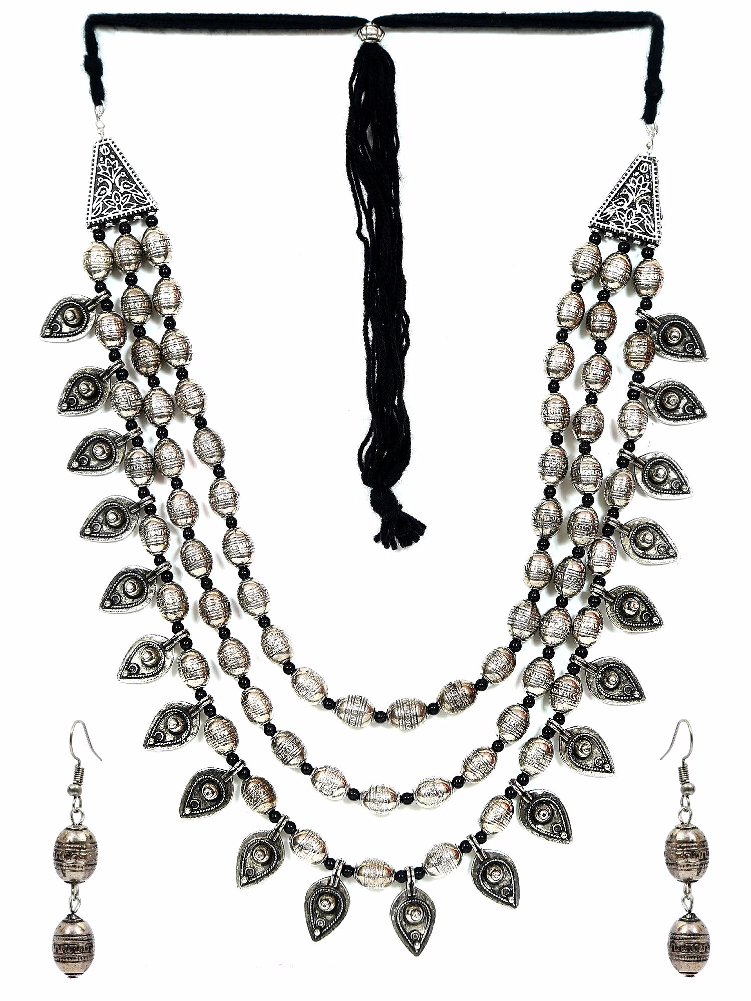 Oxidised Silver Multi Layer Necklace and Earrings Set for Women image 2