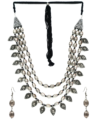 Oxidised Silver Multi Layer Necklace and Earrings Set for Women-1