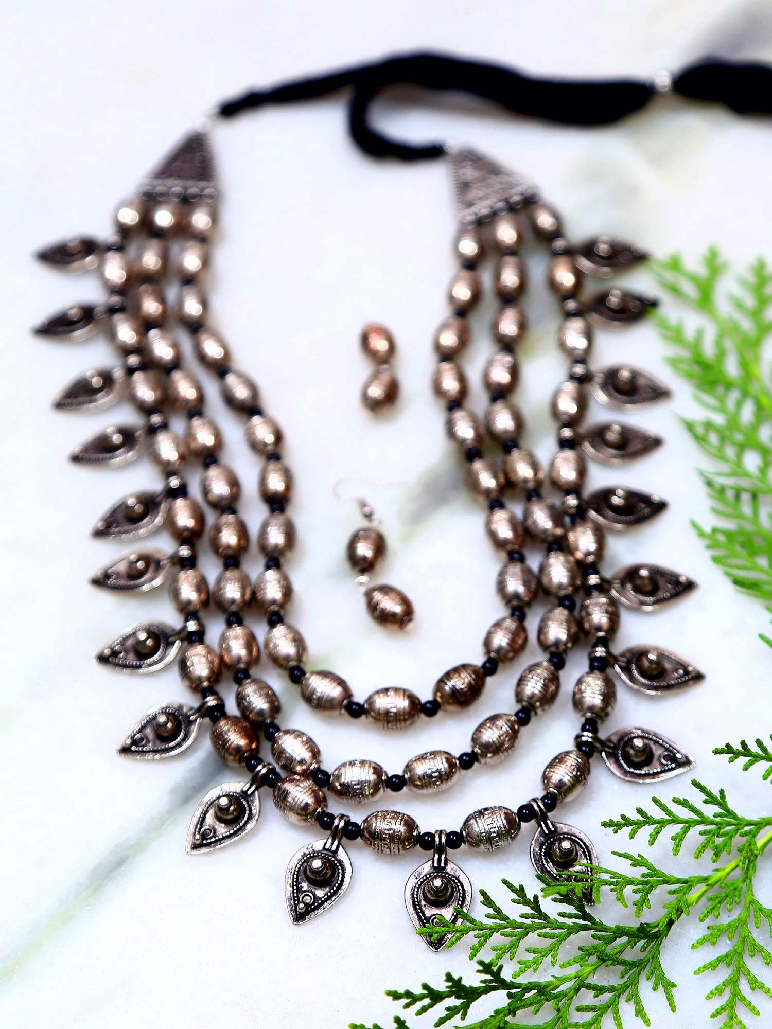 Oxidised Silver Multi Layer Necklace and Earrings Set for Women image 5