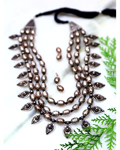 Oxidised Silver Multi Layer Necklace and Earrings Set for Women-4