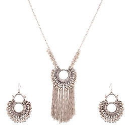 Gonasika Affordable Oxidised Silver Afghani Mirror Pendant and Earrings Set