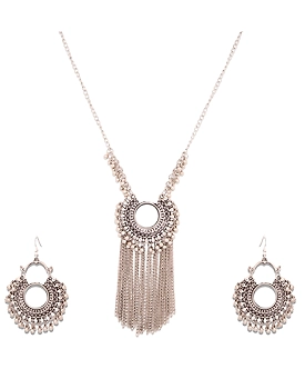 Affordable Oxidised Silver Afghani Mirror Pendant and Earrings Set