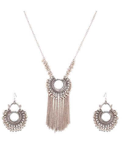 Affordable Oxidised Silver Afghani Mirror Pendant and Earrings Set-12668819