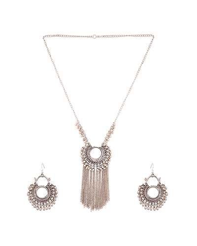 Affordable Oxidised Silver Afghani Mirror Pendant and Earrings Set-1