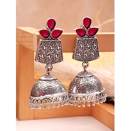 Gonasika Exquisite Oxidised Silver Tone Red Stone Dome Jhumka Earrings for Women